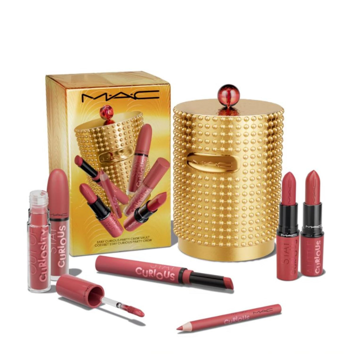 MAC Stay Curious Party Crew Vault box shown as a curated lip set for gifting