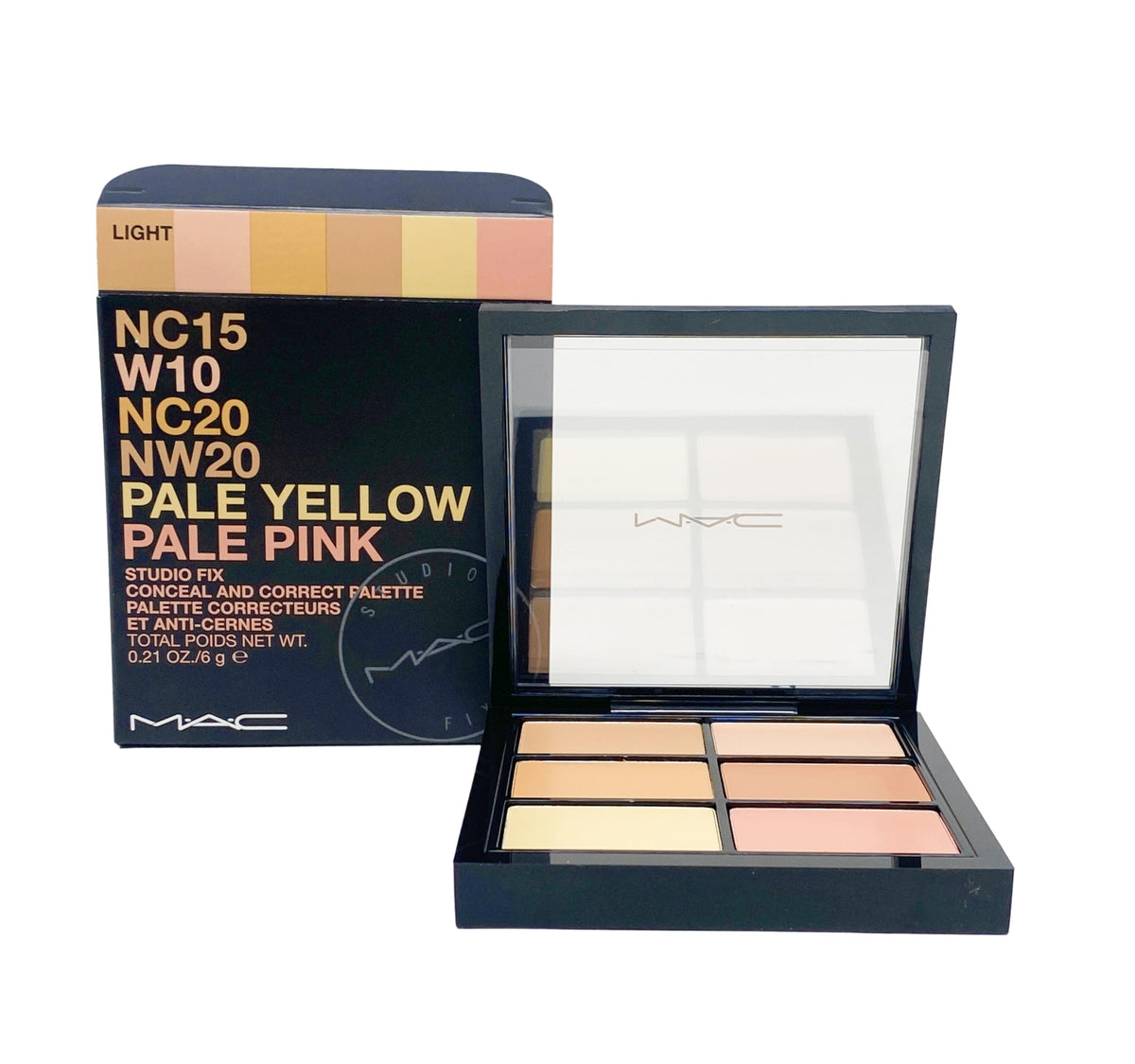MAC Studio Fix Conceal and Correct Palette Light, open case showing six shade options for color correction