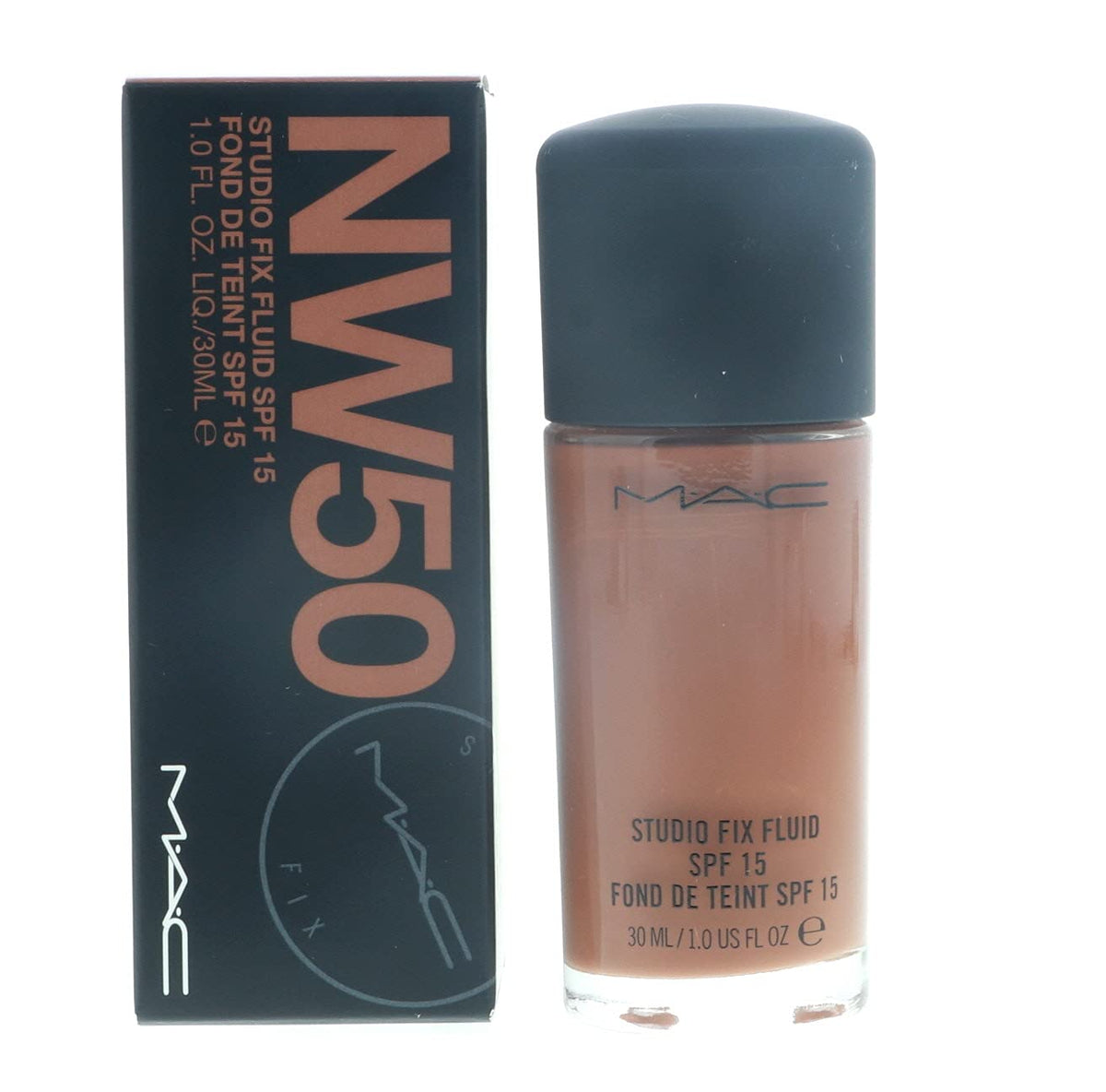 MAC Studio Fix Fluid Foundation NW50 bottle displaying natural matte finish and buildable coverage.