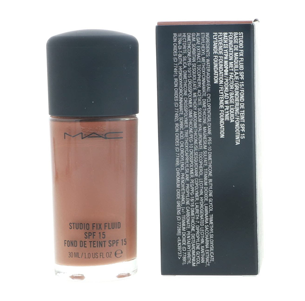 MAC Studio Fix Fluid Foundation NW50 packaging highlighting SPF15 protection and travel-friendly design.