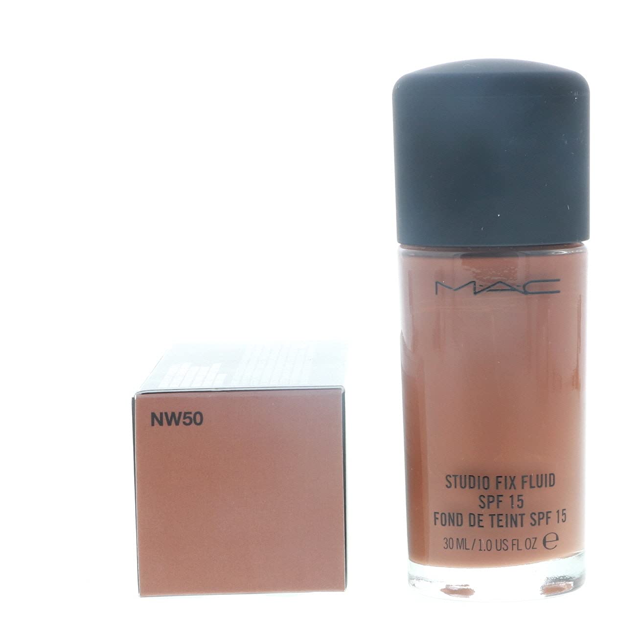 MAC Studio Fix Fluid Foundation NW50 swatches showing medium coverage in natural shade NW50.