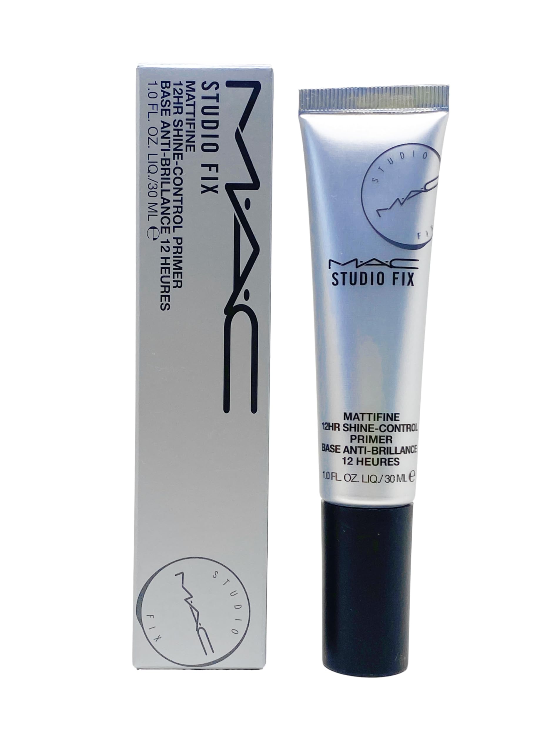 MAC Studio Fix Mattifine 12HR Primer bottle shows matte finish and shine control.