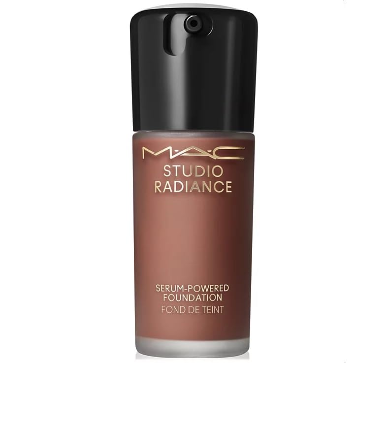 MAC Studio Radiance Serum-Powered Foundation bottle pour shows smooth, hydrated look.