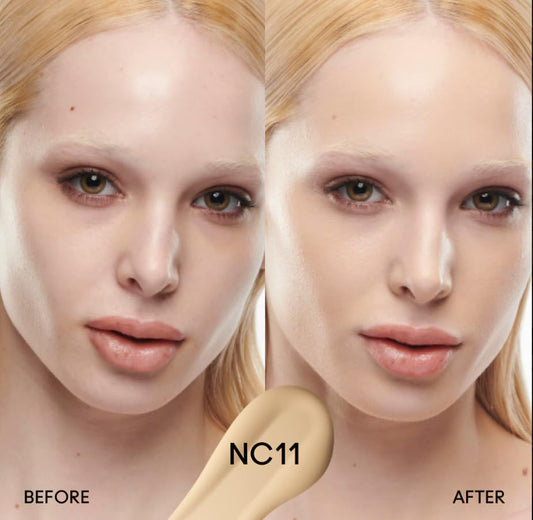 MAC Studio Radiance Serum Powered Foundation NC11 closeup shows smooth application.