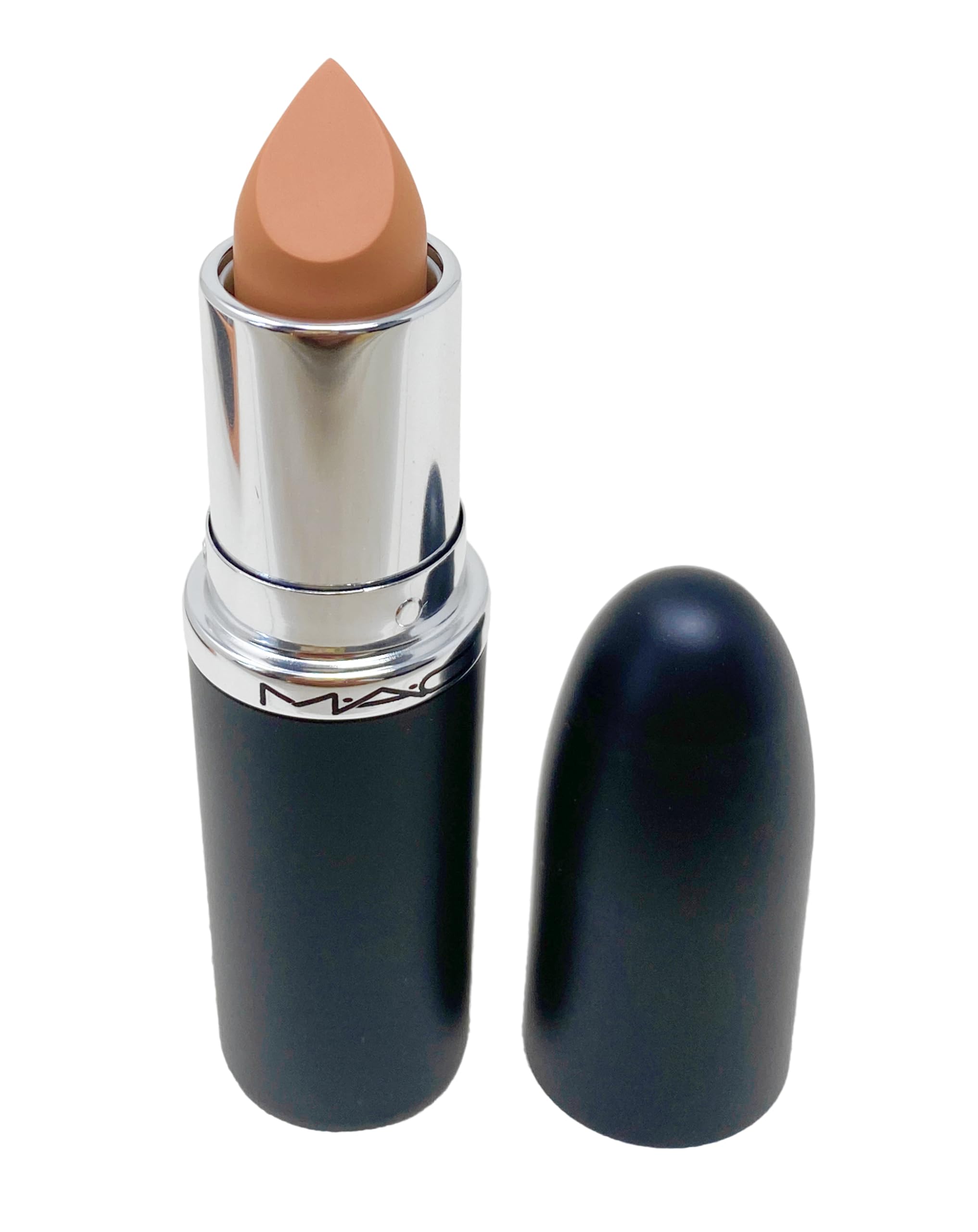 MAC Ximal Sleek Satin Lipstick 837 Peachstock swatch highlighting pigment-rich color and satin finish.