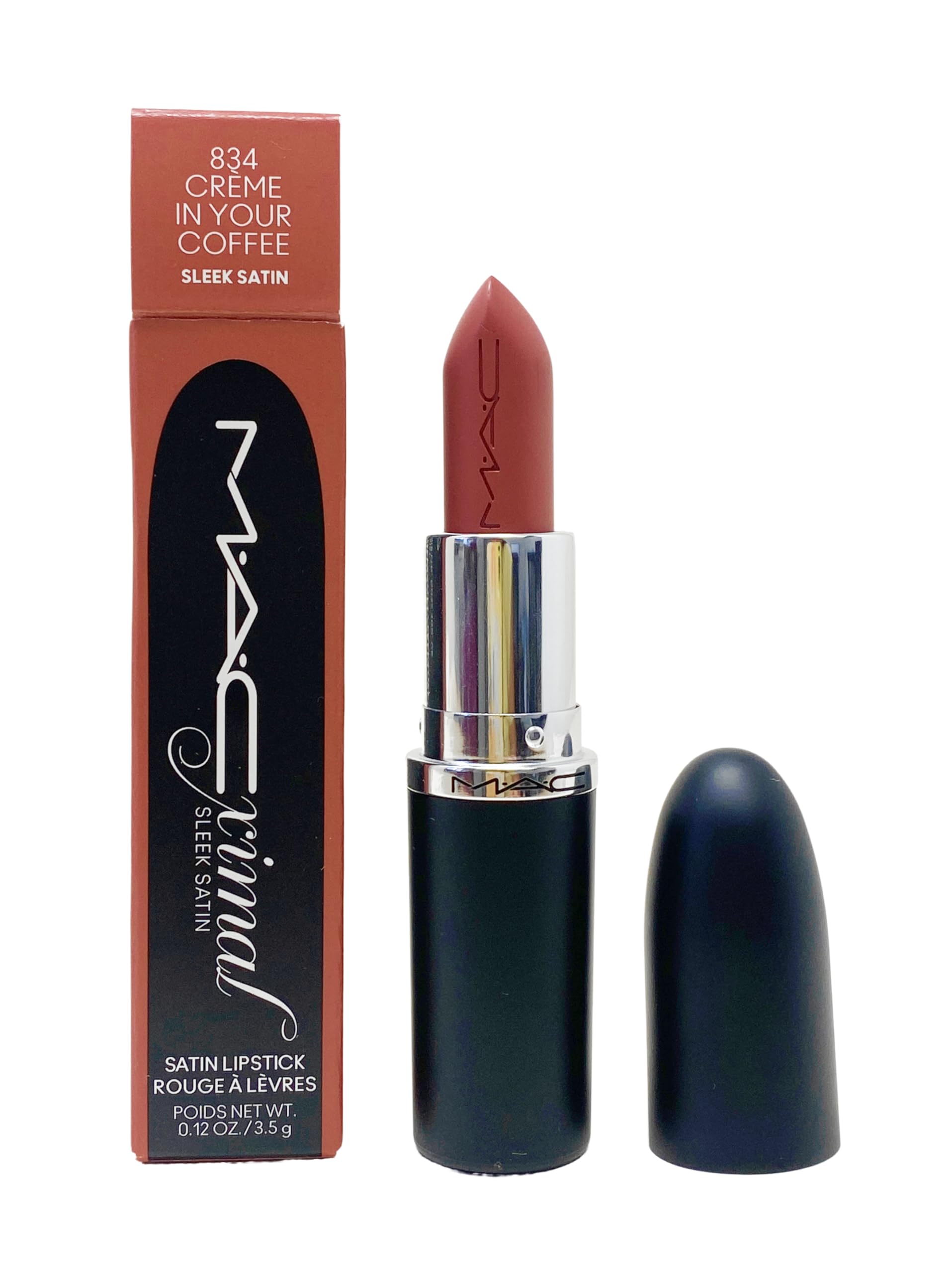 MAC Ximal Sleek Satin Lipstick Creme In Your Coffee tube shows midtone pink-brown shade