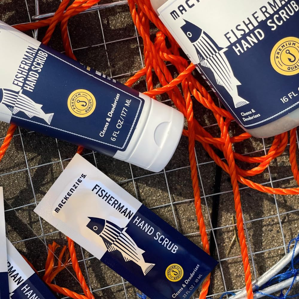 MACKENZIE'S Fisherman Hand Scrub biodegradable formula with walnut husk exfoliant.