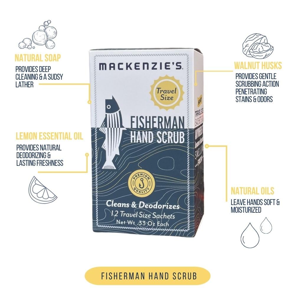 MACKENZIE'S Fisherman Hand Scrub sachet held in hand for quick refresh.