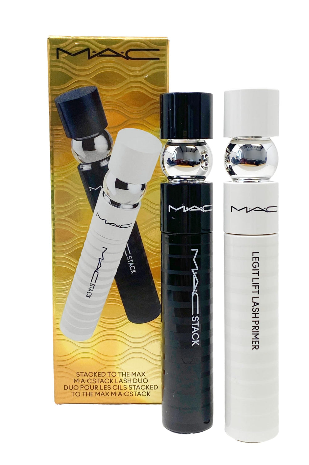 MACStack Mascara tube front view highlights long-wear and clump resistance