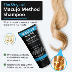 Macujo Aloe Rid detox shampoo packaging emphasizing deep cleansing benefits