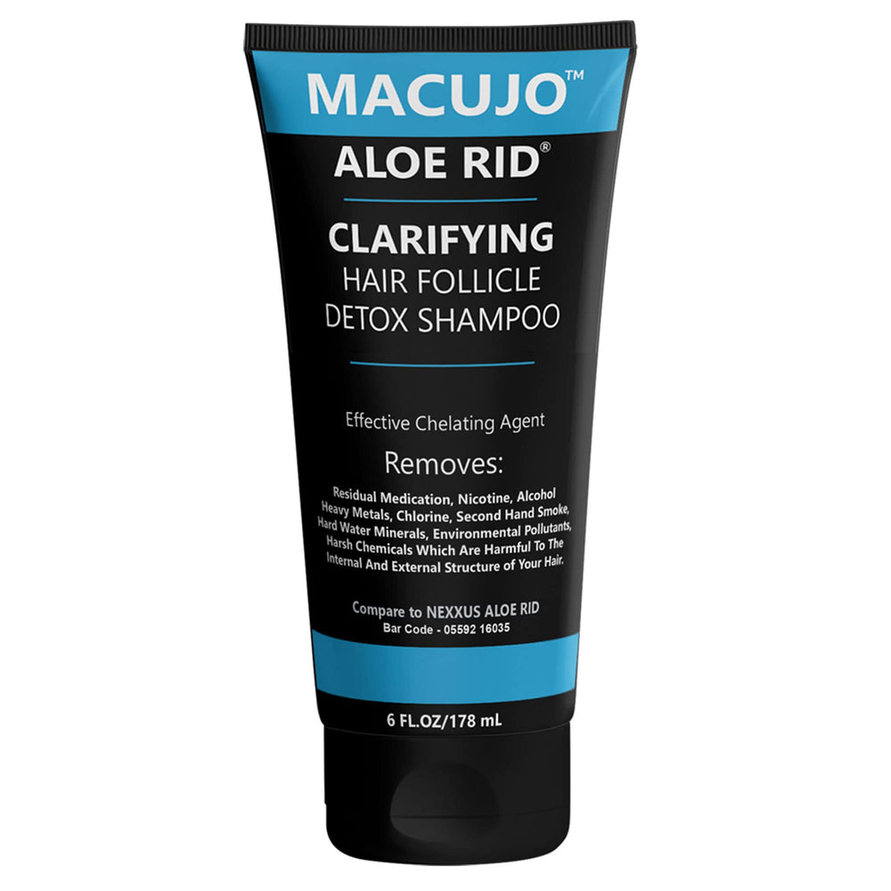 Macujo Aloe Rid detox shampoo close-up highlighting cleansing formula for follicles