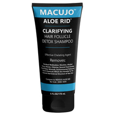 Macujo Aloe Rid detox shampoo close-up highlighting cleansing formula for follicles
