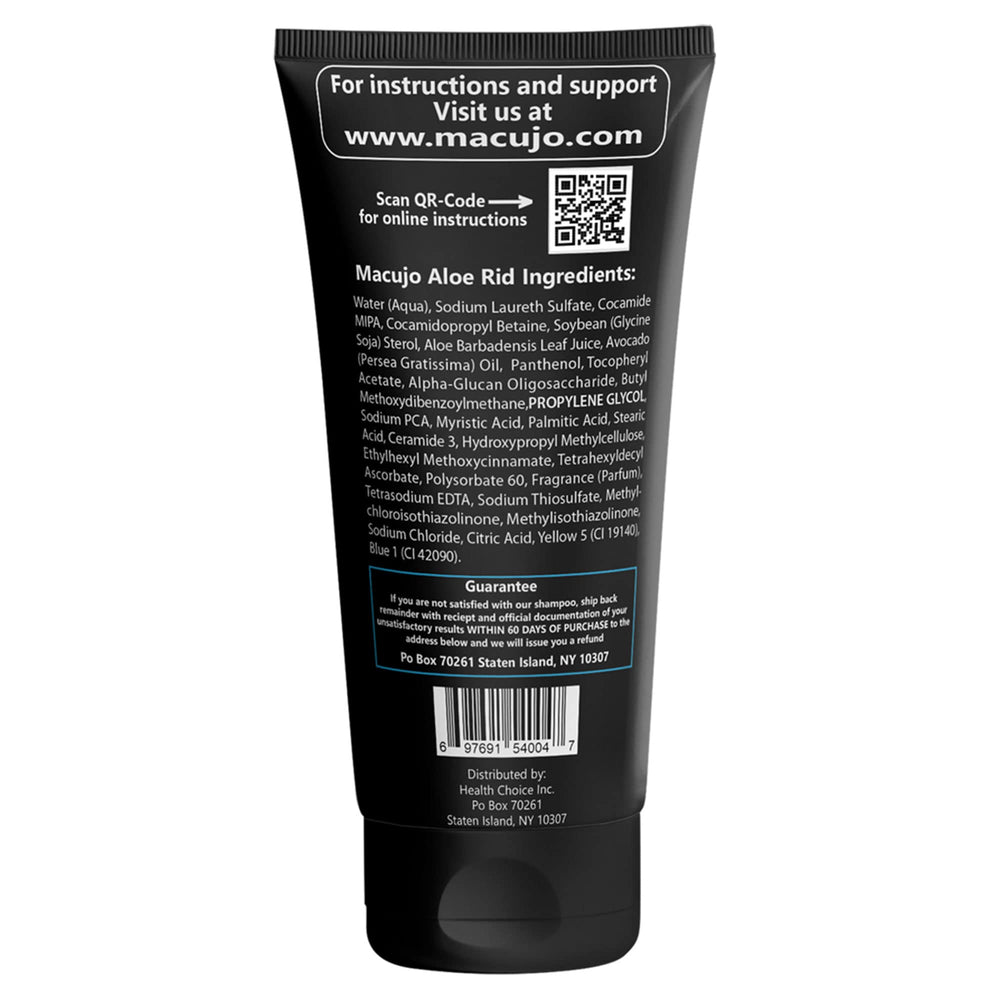 Macujo Aloe Rid detox shampoo on shower shelf ready for use
