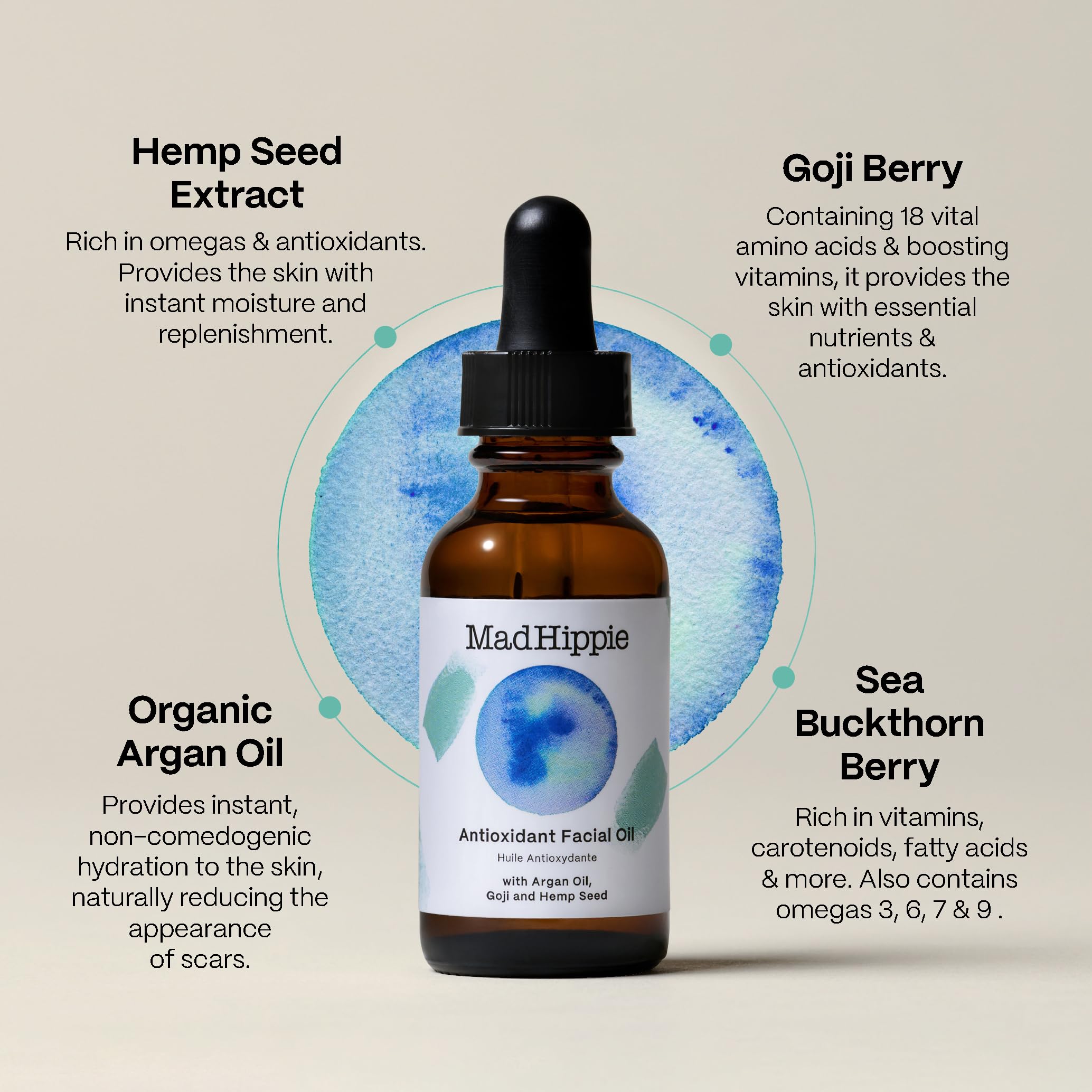 Mad Hippie argan oil blend highlights soft, smooth skin benefits.
