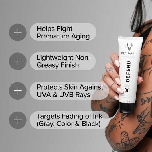 Mad Rabbit Defend SPF 30 tube back label detailing ingredients.