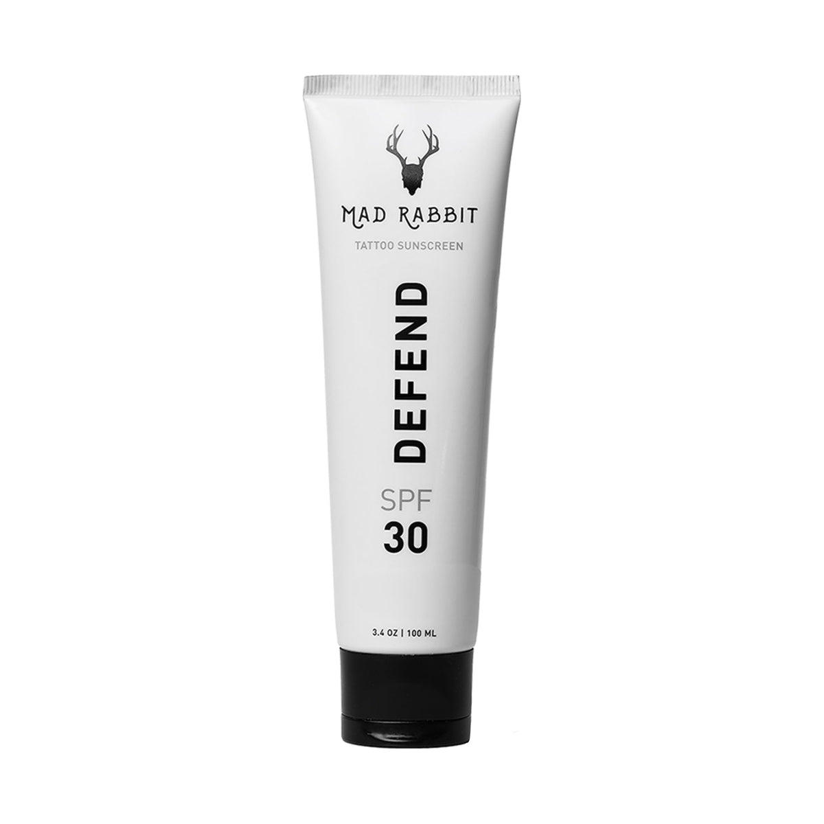Mad Rabbit Defend SPF 30 mineral sunscreen tube front view protecting tattoos.