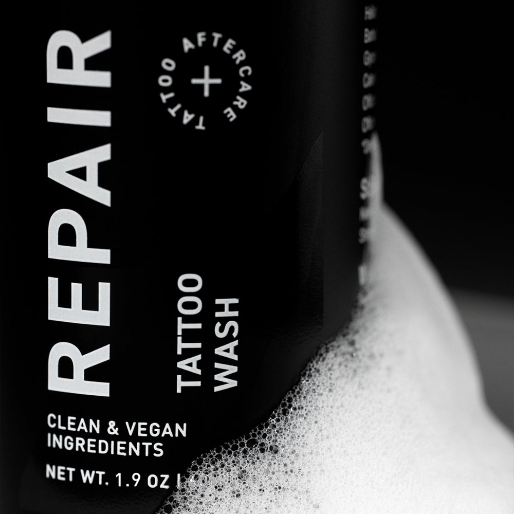 Mad Rabbit fragrance-free tattoo wash foam demonstrating gentle cleansing for healing skin.