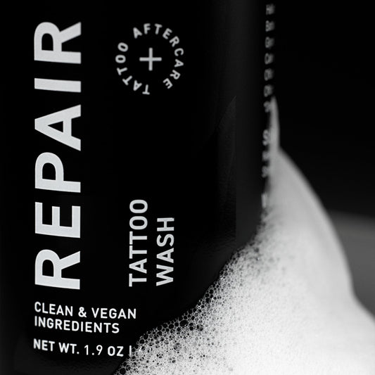 Mad Rabbit fragrance-free tattoo wash foam demonstrating gentle cleansing for healing skin.