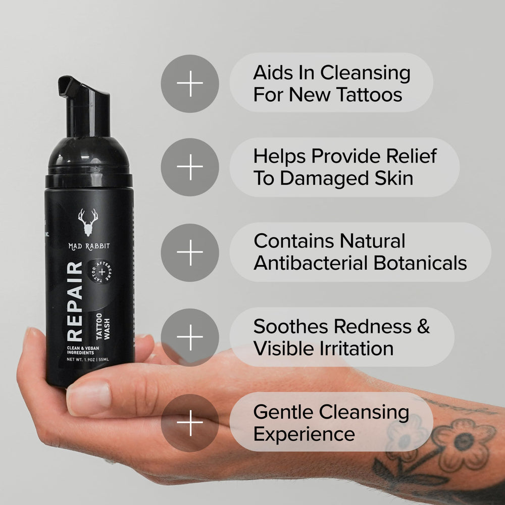 Mad Rabbit natural botanicals tattoo cleanser close-up highlighting plant-based ingredients for healing.