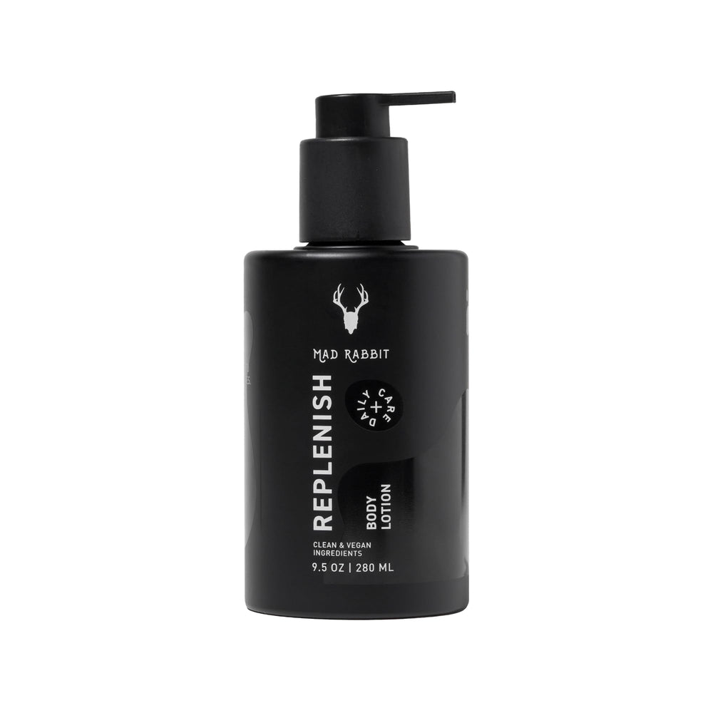 Mad Rabbit Replenish lotion bottle front view for fragrance-free daily hydration