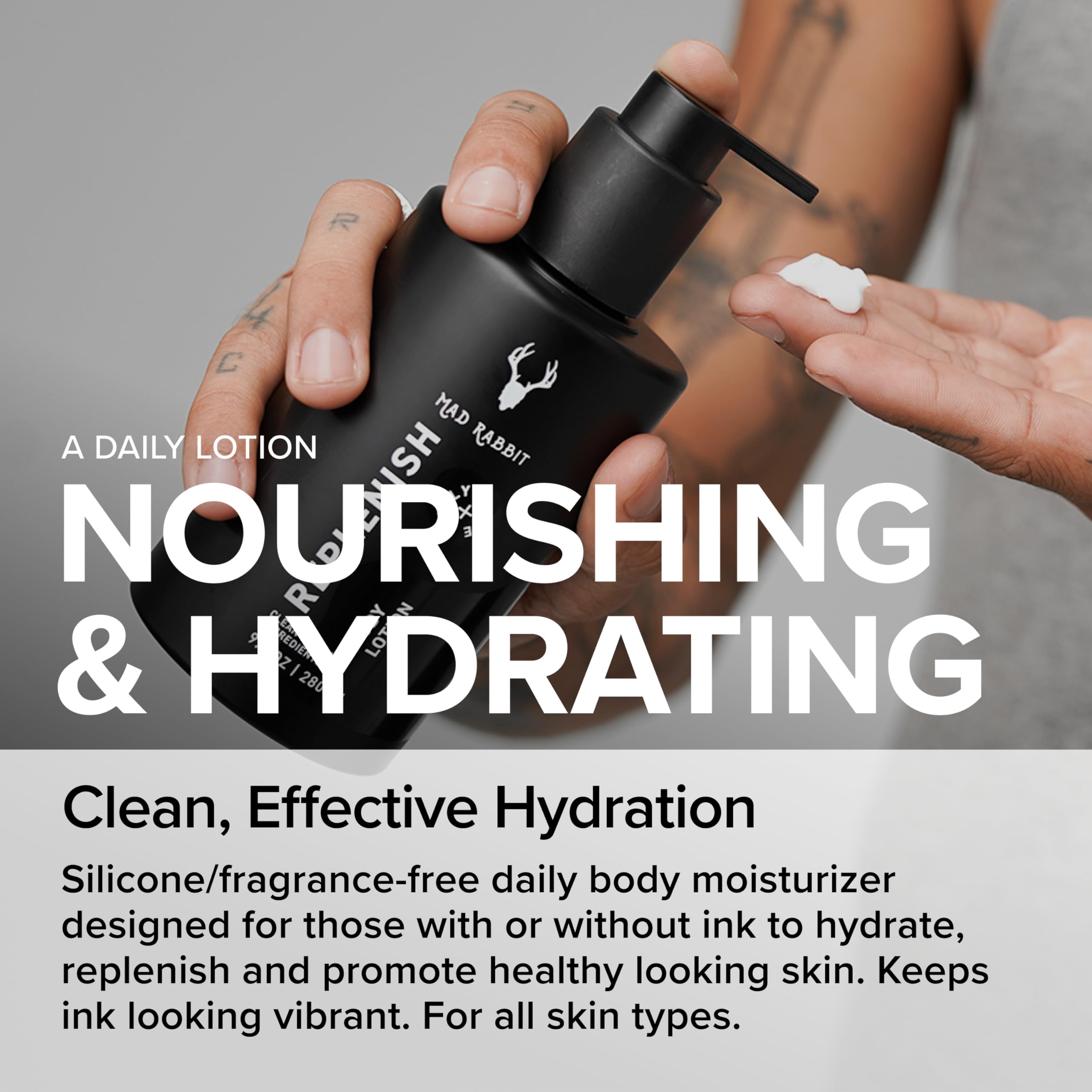 Mad Rabbit Replenish lotion on skin demonstrates lightweight absorption