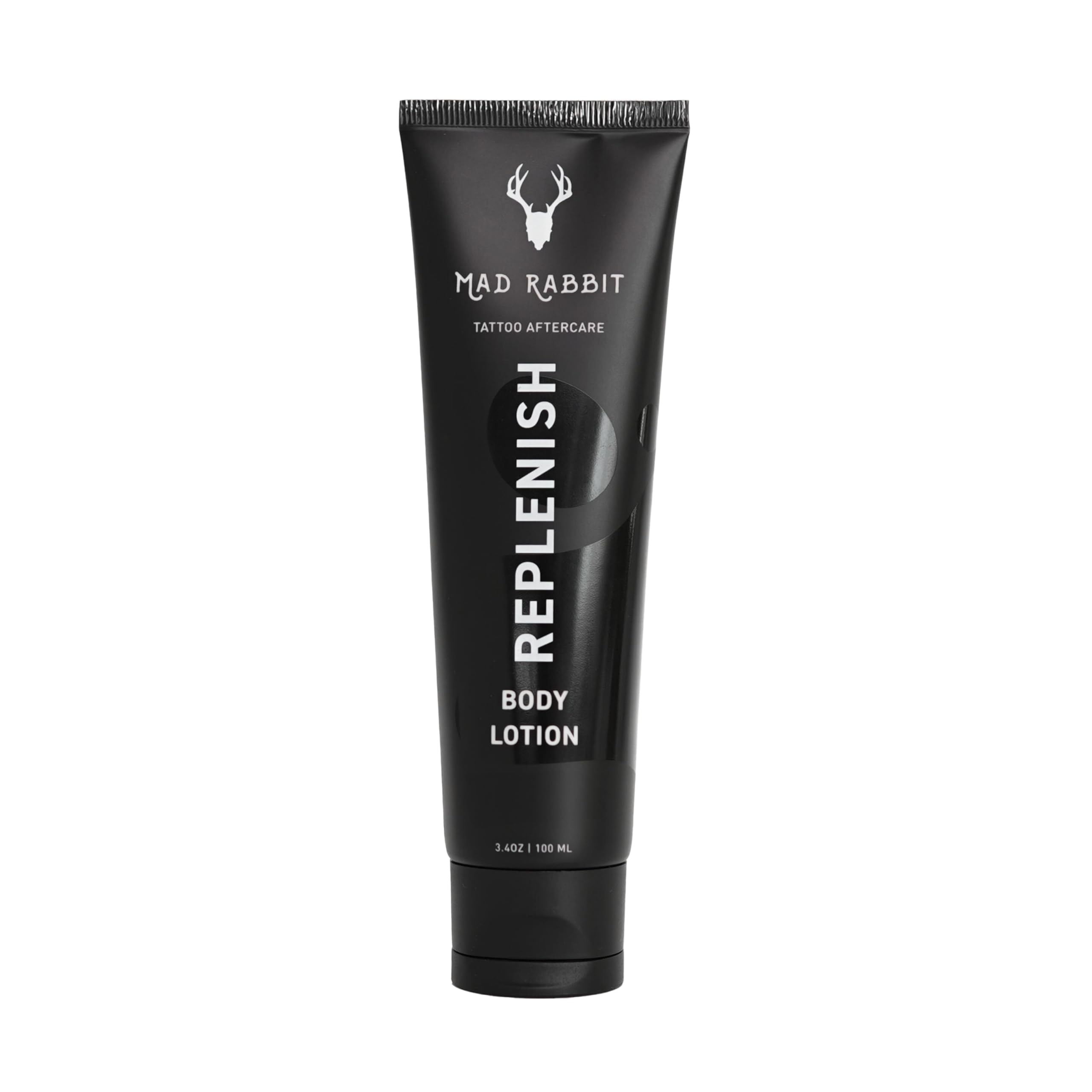 Mad Rabbit Replenish Tattoo Body Lotion bottle shown for daily hydration on clean skin