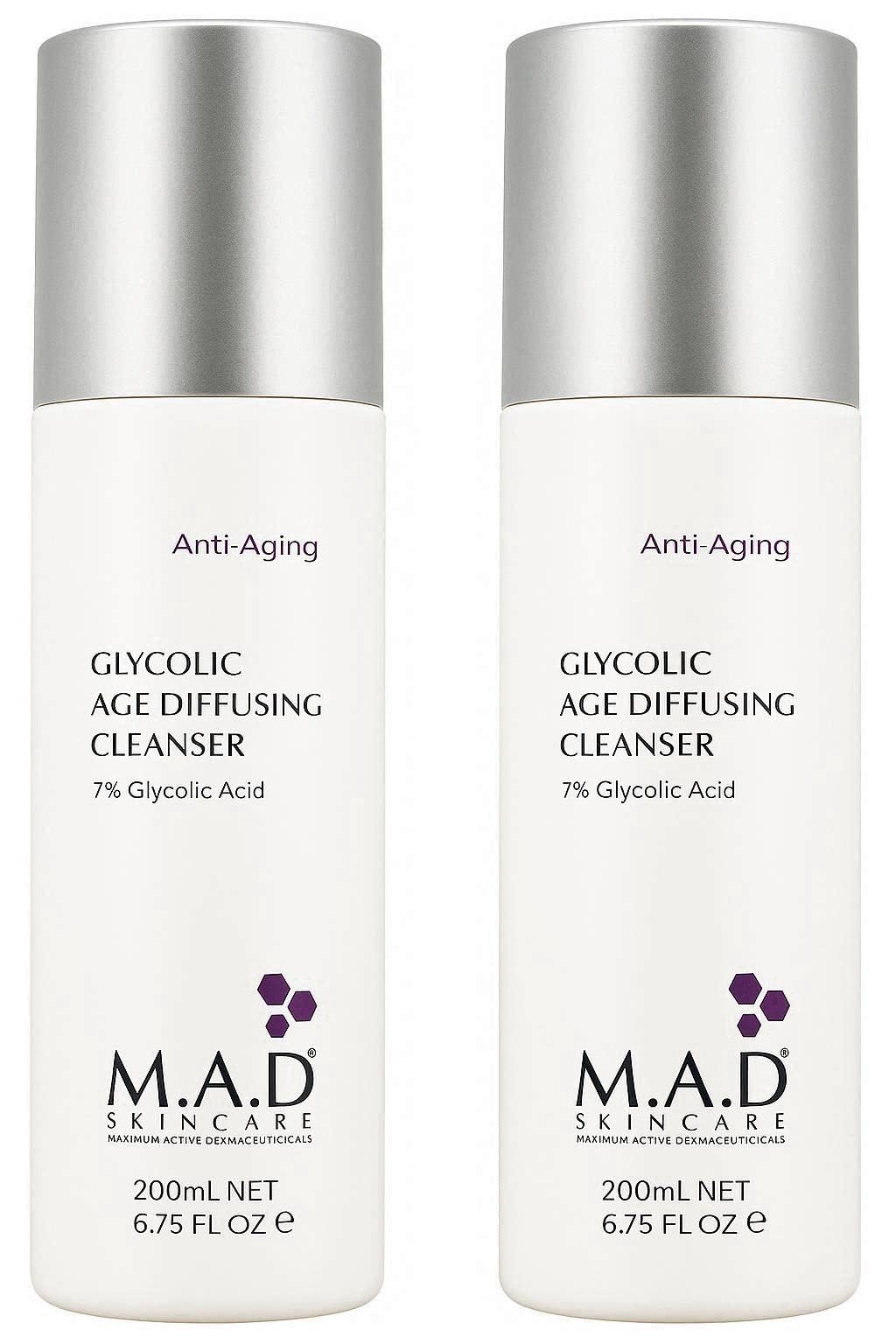 M.A.D Skincare anti-aging glycolic cleanser bottle 2-pack for gentle exfoliation and radiant skin.