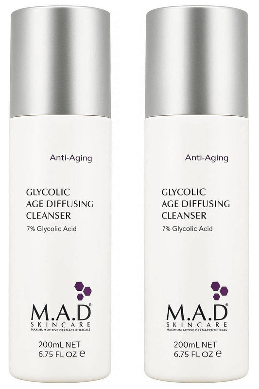 M.A.D Skincare anti-aging glycolic cleanser bottle 2-pack for gentle exfoliation and radiant skin.