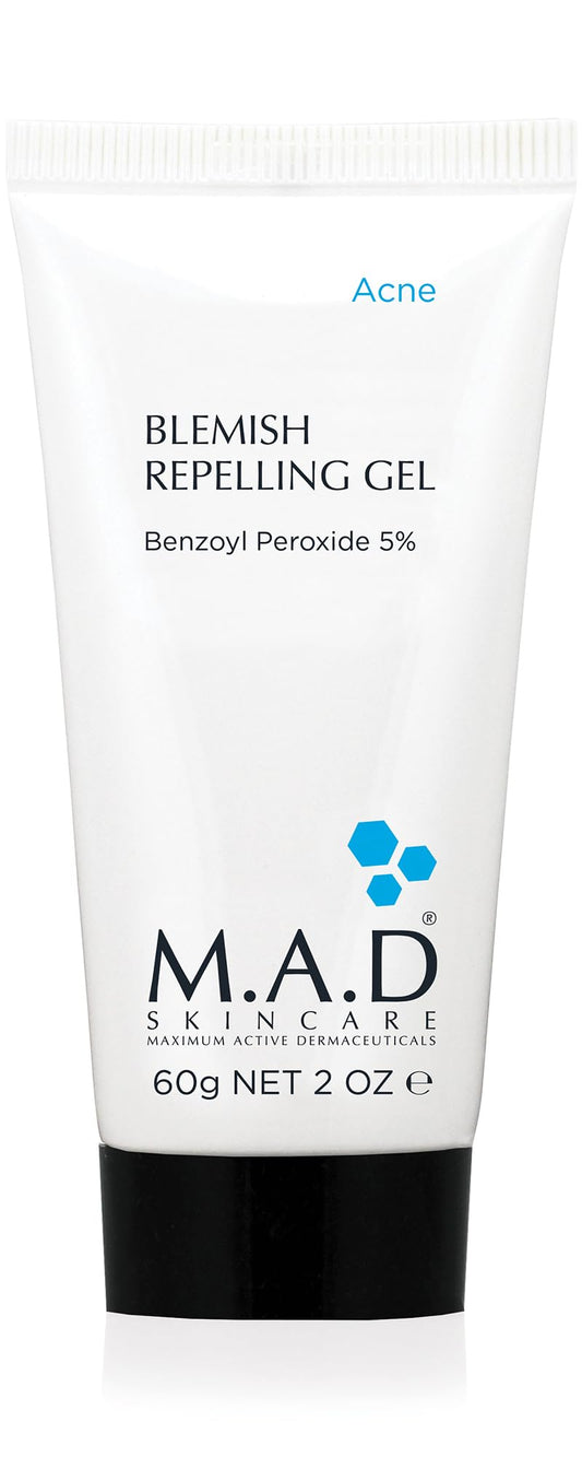 M.A.D Skincare Blemish Repelling Gel bottle demonstrates acne-fighting action and pore refinement.