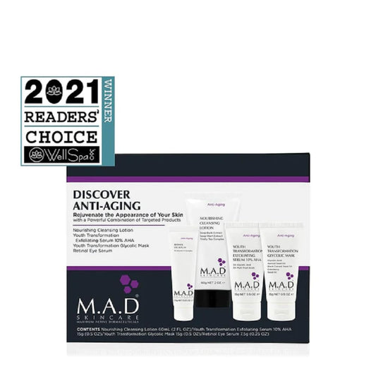 M.A.D Skincare travel bottles arranged for a compact anti-aging routine on the road.