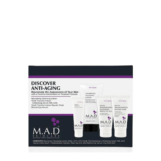 M.A.D Skincare travel system box featuring four age-minimizing products for on-the-go skincare.