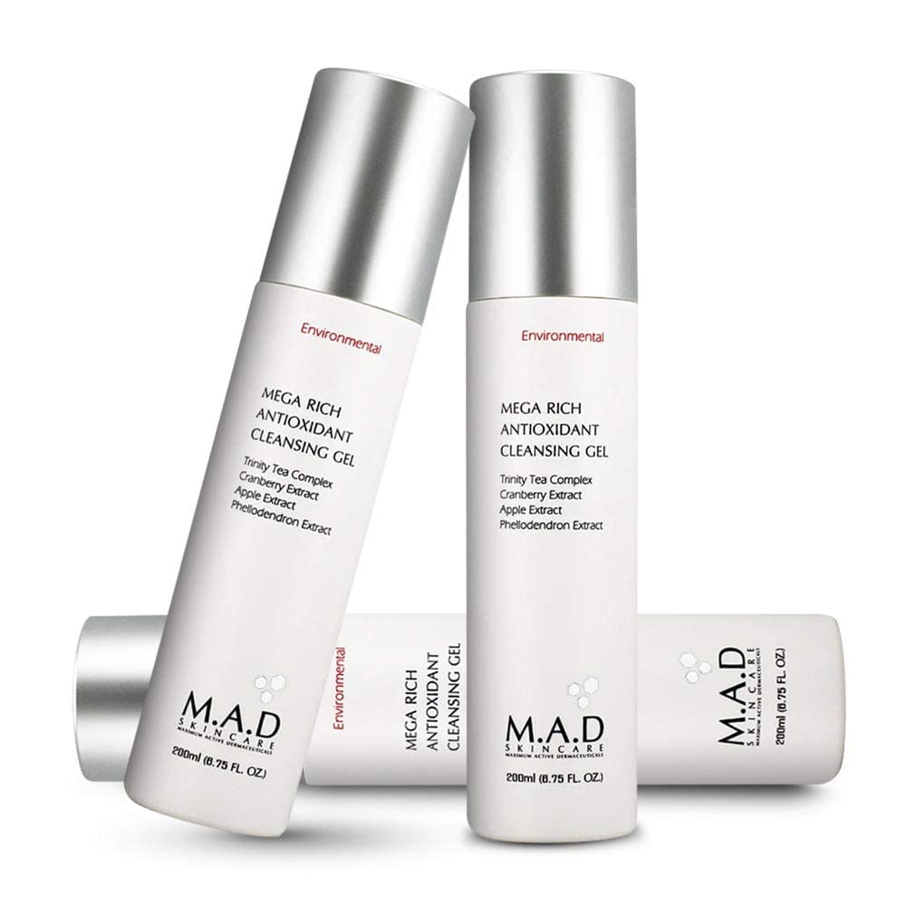M.A.D Skincare Environmental Mega Rich cleanser foam close-up highlights luxurious lather and fresh-feeling skin.