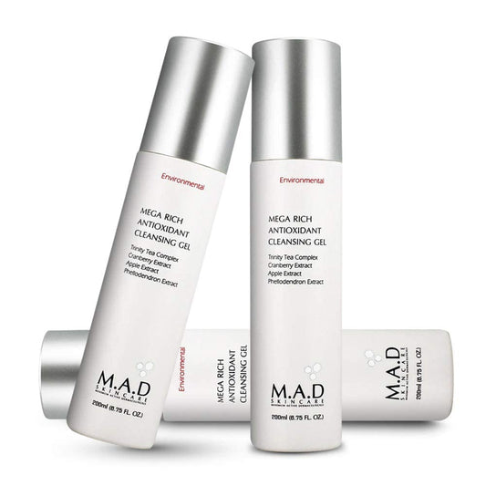 M.A.D Skincare Environmental Mega Rich cleanser foam close-up highlights luxurious lather and fresh-feeling skin.