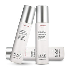 M.A.D Skincare Environmental Mega Rich cleanser foam close-up highlights luxurious lather and fresh-feeling skin.