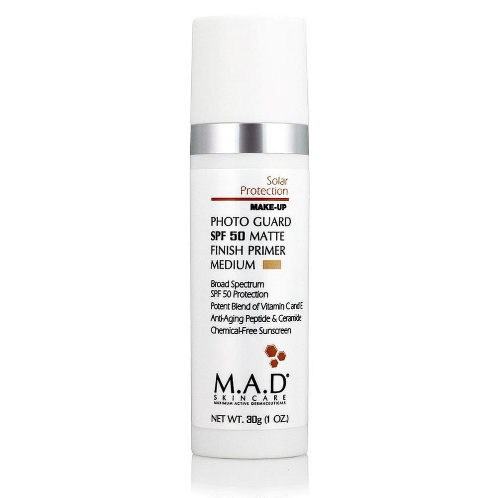 M.A.D Skincare Photo Guard SPF 50 primer bottle provides matte finish for a smooth makeup base