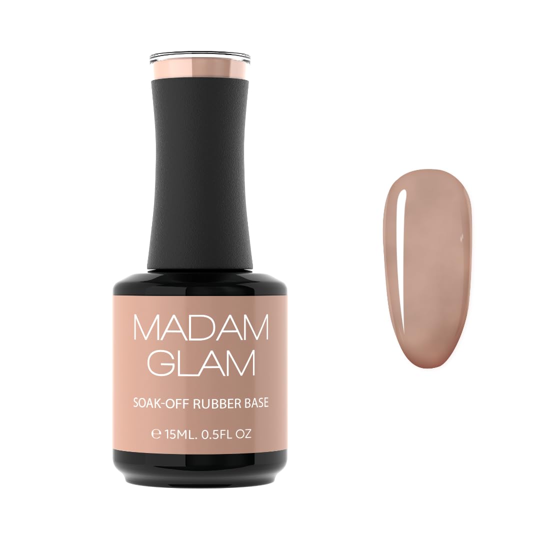 Madam Glam Rubber Base front bottle 15ml illustrating sturdy, flexible nail protection.
