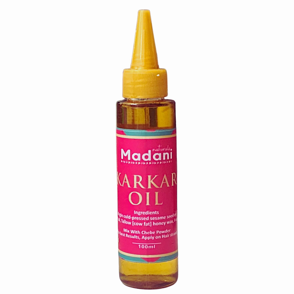 Madani Naturals Karkar Oil bottle pour for easy application on nourished hair.