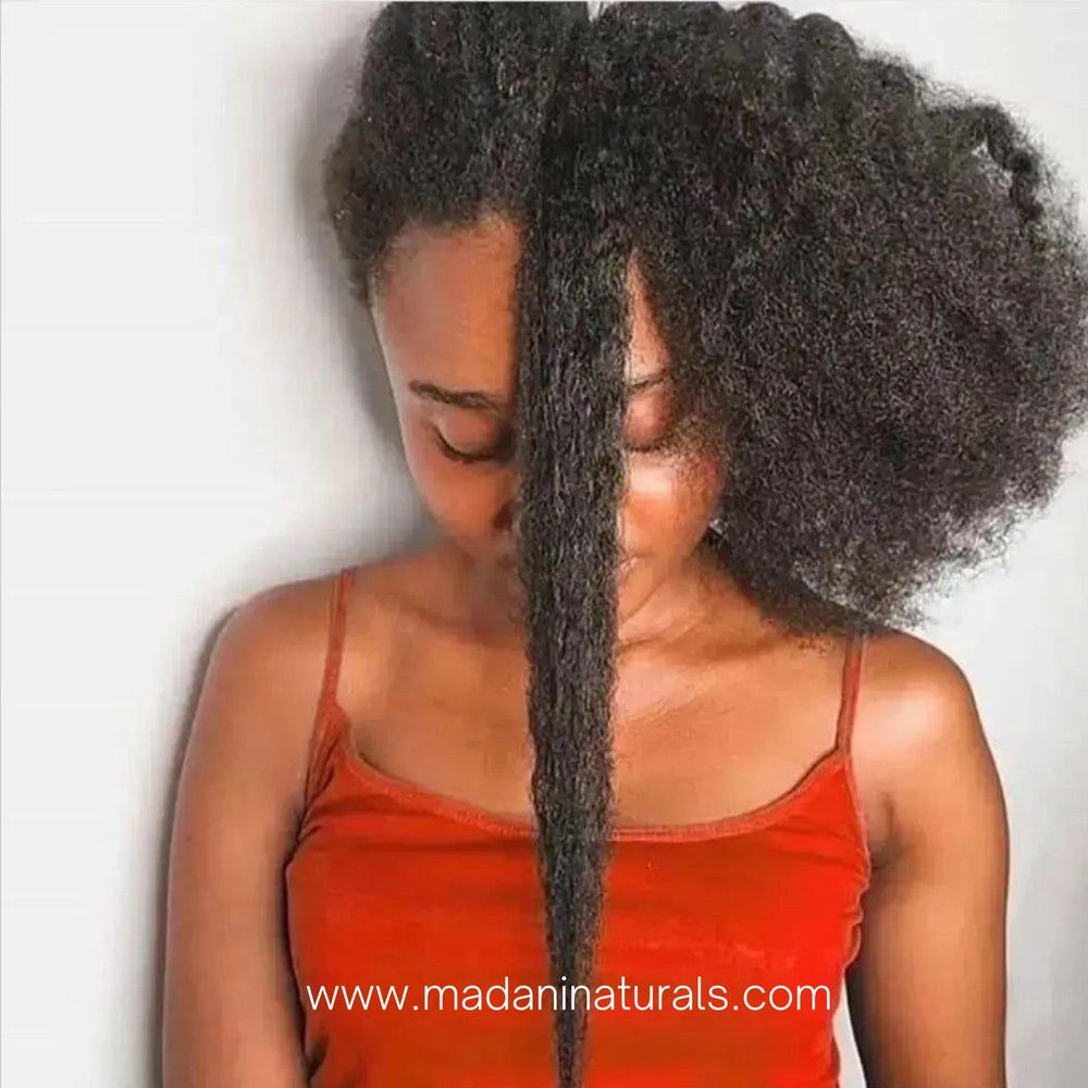 Madani Naturals Karkar Oil on hair delivers shine and easy detangling.