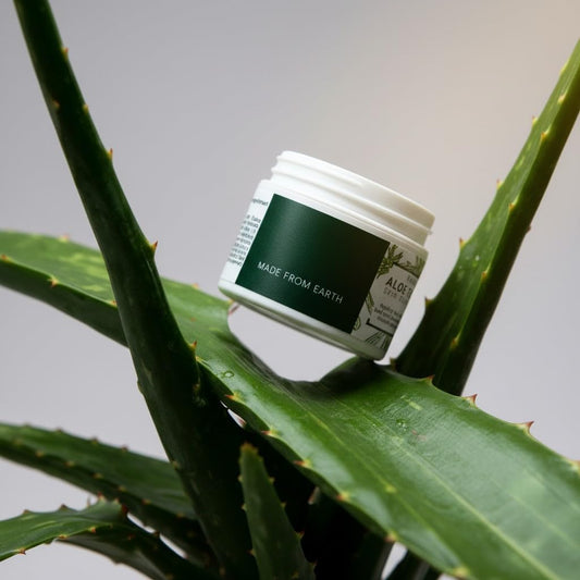 Made from Earth Aloe Vera skin application close-up showing soothing, hydrating formula.