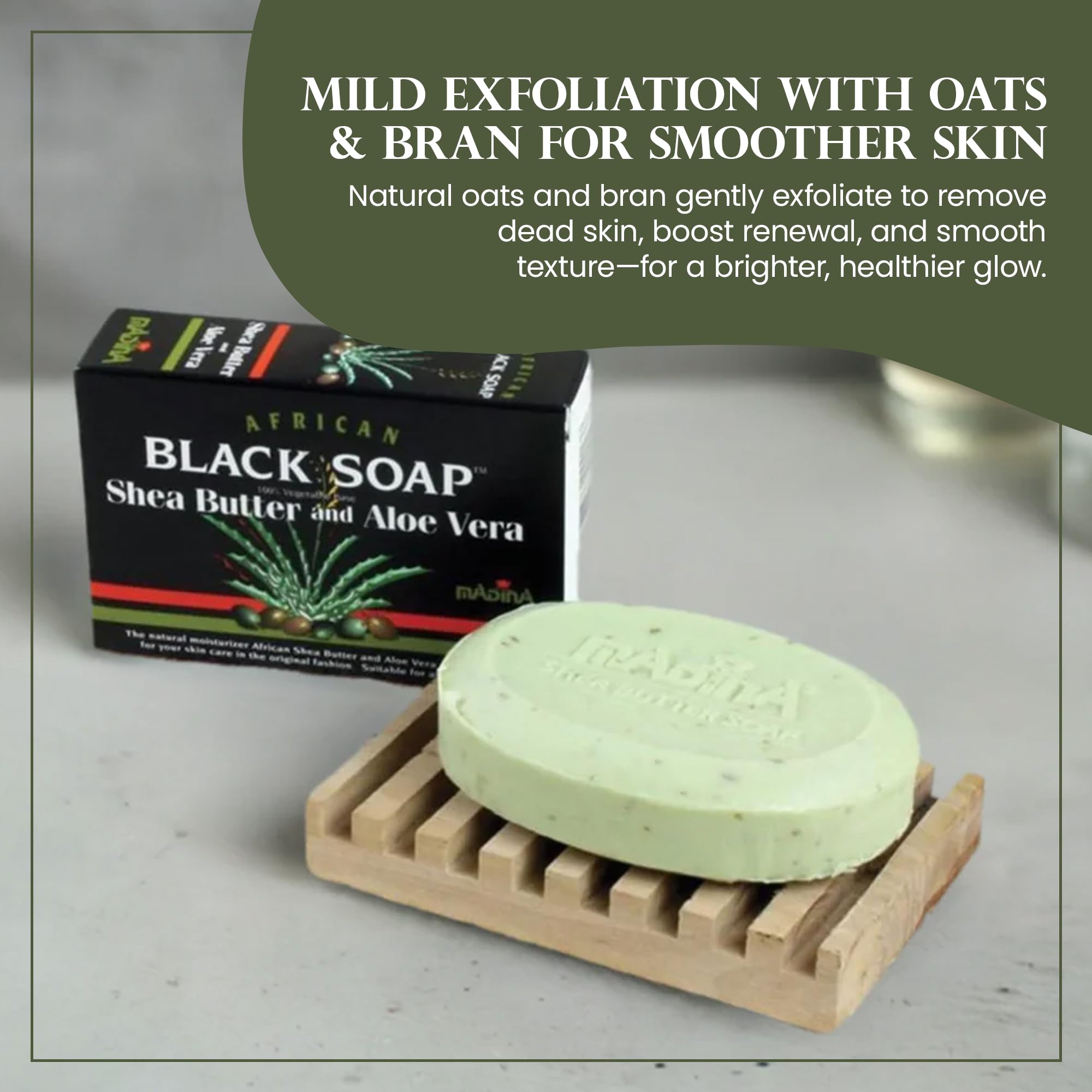 Shea butter and aloe in Madina soap for soothing moisture