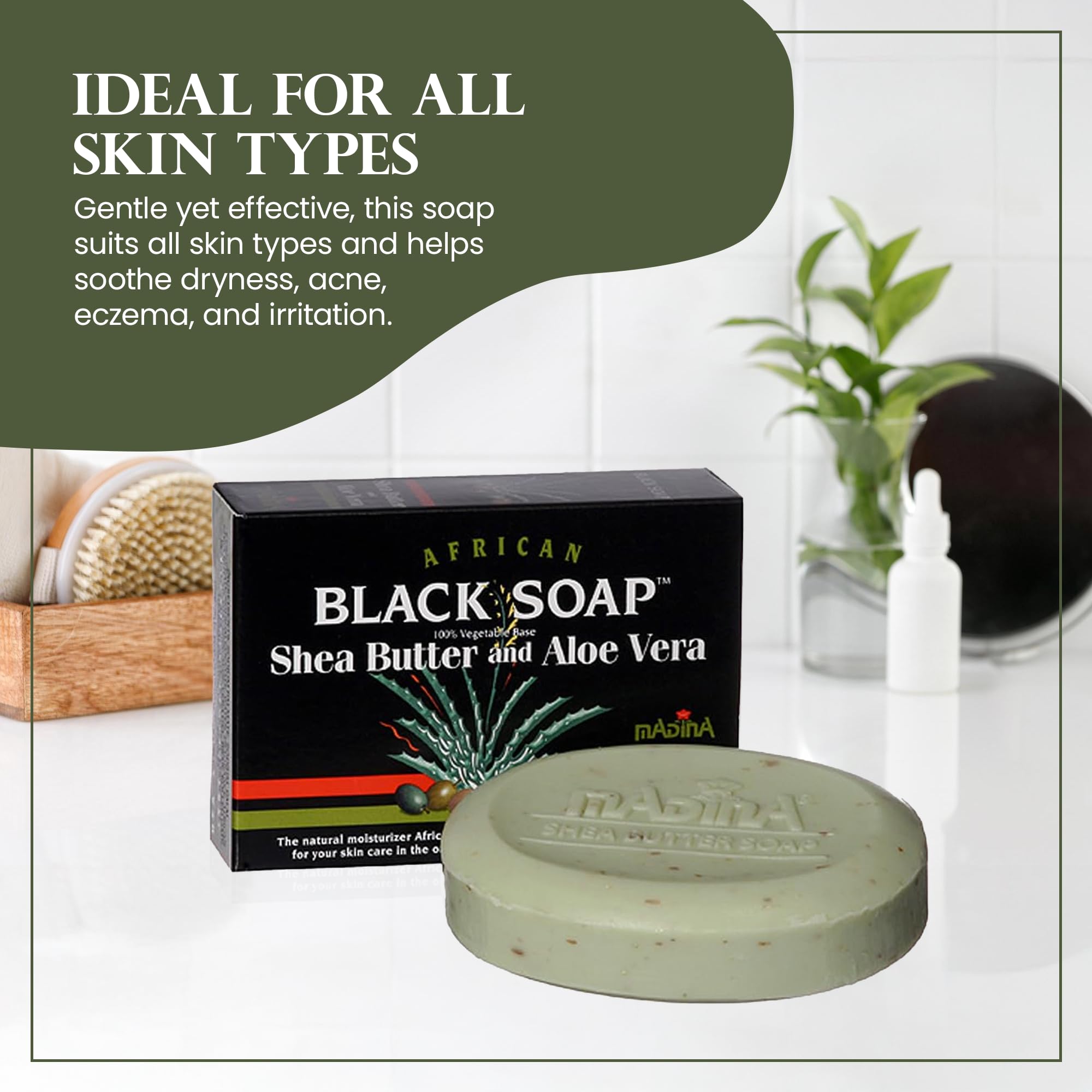 Six-pack display of Madina African Black Soap Bar for family use