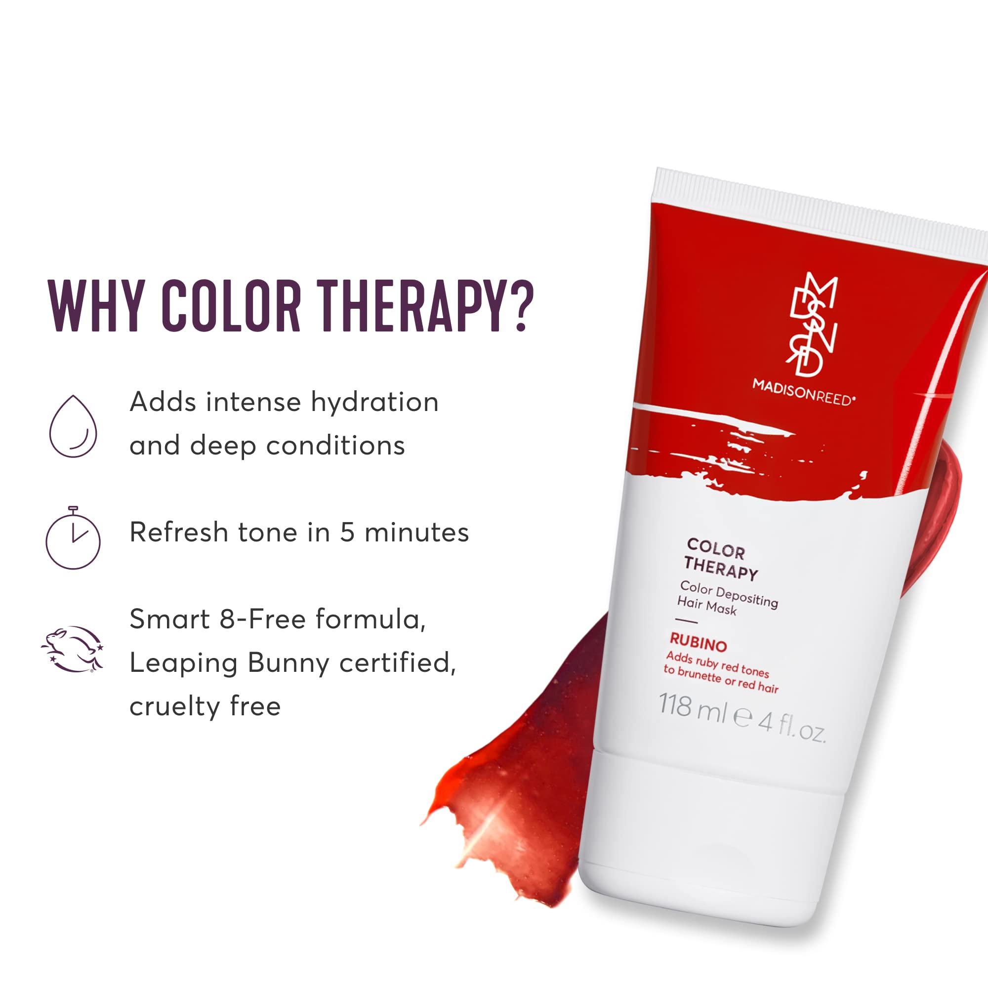 Closeup of Madison Reed Color Therapy Rubino tube highlighting nourishing keratin formula.
