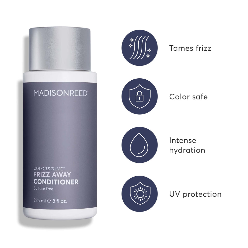 Madison Reed frizz-away conditioner being applied to hair for smoother lengths.