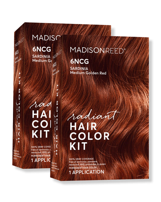 Madison Reed Radiant Color Kit with 6NCG medium golden red copper tones for dimensional gray blending.