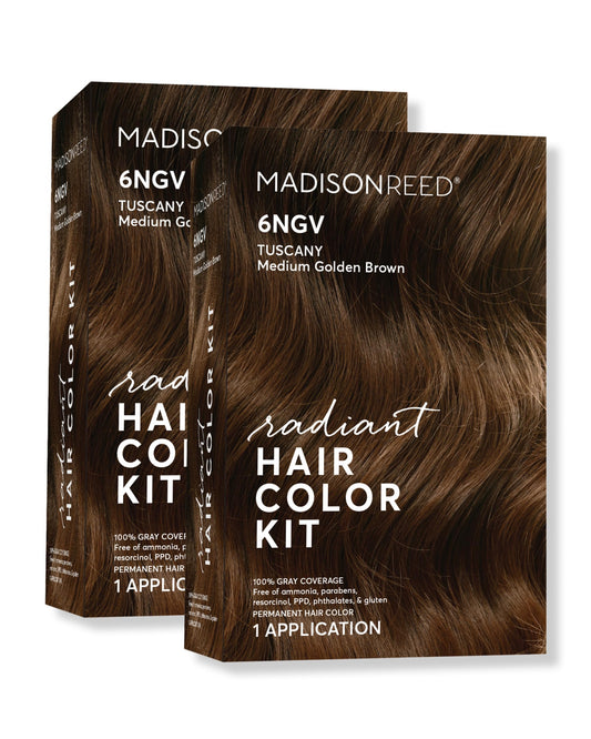 Madison Reed Radiant Color Kit box front in medium golden brown for natural-looking results