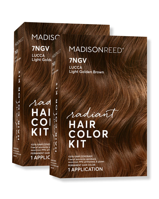 Madison Reed Radiant Color Kit swatches in 7NGV light golden brown for gray blending.