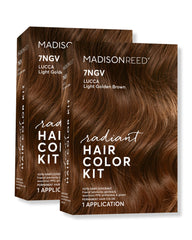 Madison Reed Radiant Color Kit swatches in 7NGV light golden brown for gray blending.
