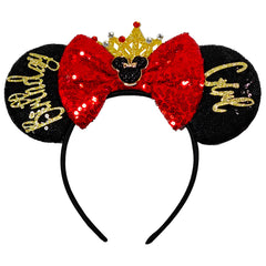 MADO birthday headband with black mouse ears, front view adds playful charm to celebrations