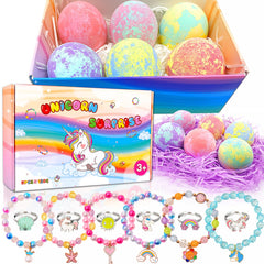 MADO unicorn bath bombs with surprise inside deliver colorful fizz for kids' bath time.