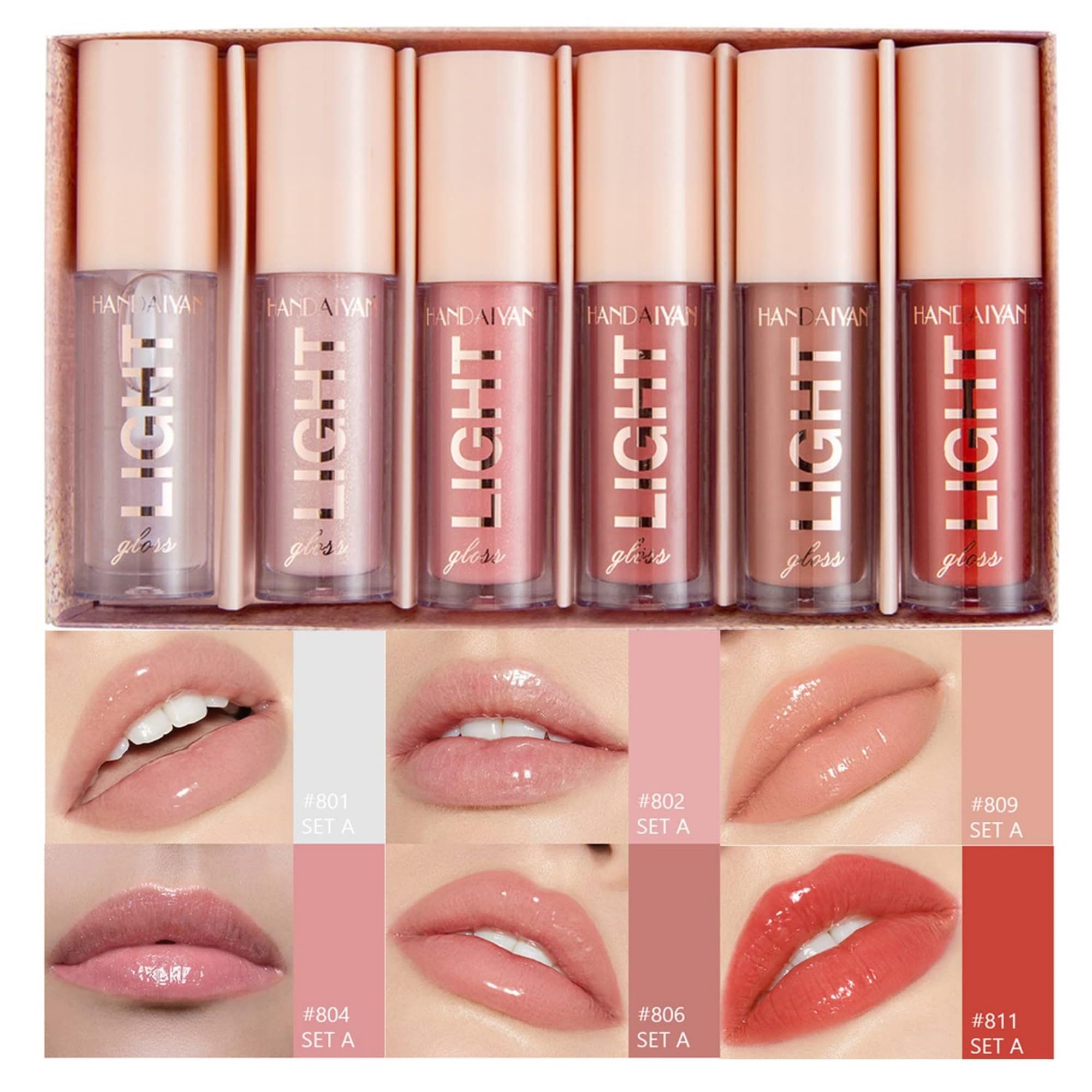 MAEPEOR lipgloss set closeup on swatches, smooth hydration and natural nude tones.